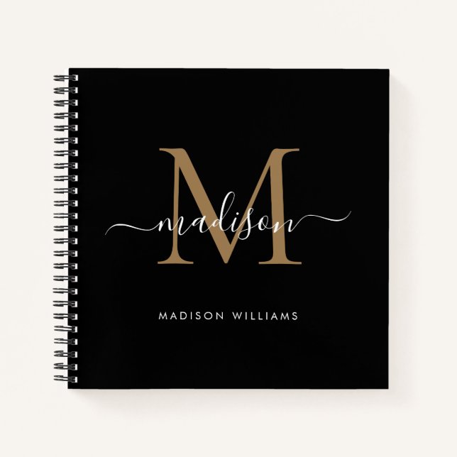 Stylish Black Gold Monogram Initial Script Name Notizbuch (Vorderseite)