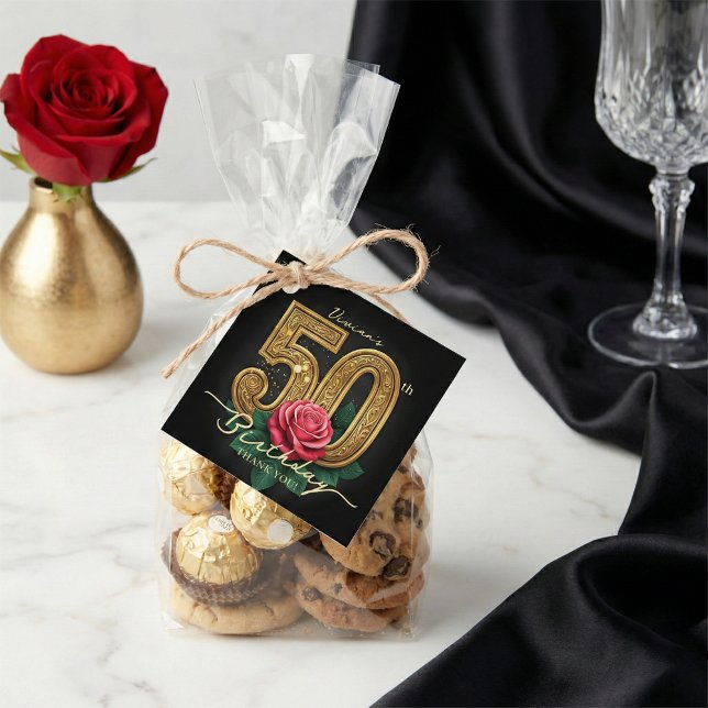 Stylish Black Gold Red Rose 50th Birthday Party Geschenkanhänger (Von Creator hochgeladen)