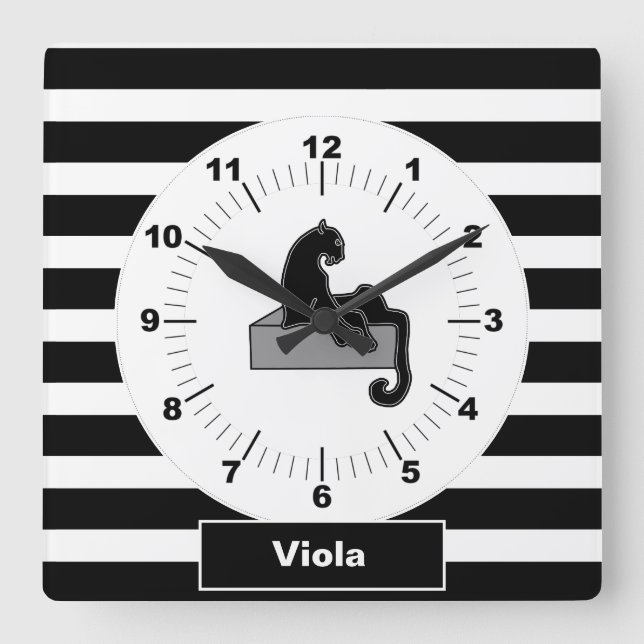 Stylish Black Panther Cat White Modern Quadratische Wanduhr (Vorderseite)