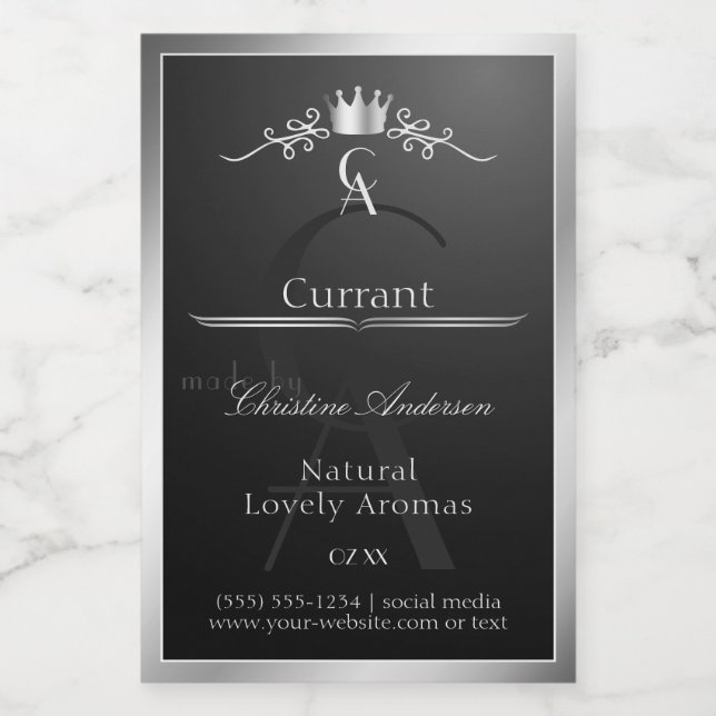 Stylish Black Product Label Silver Frame Monogram Lebensmitteletikett (Einzelnes Label)
