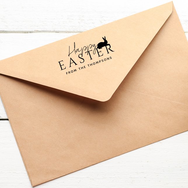 Stylish Black Typography And Bunny Happy Easter Permastempel (Disclaimer: This image is a digital mockup.)