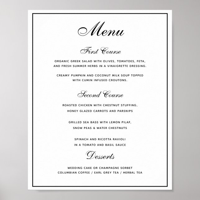Stylish Black White 3 course Wedding Menu Poster (Vorne)