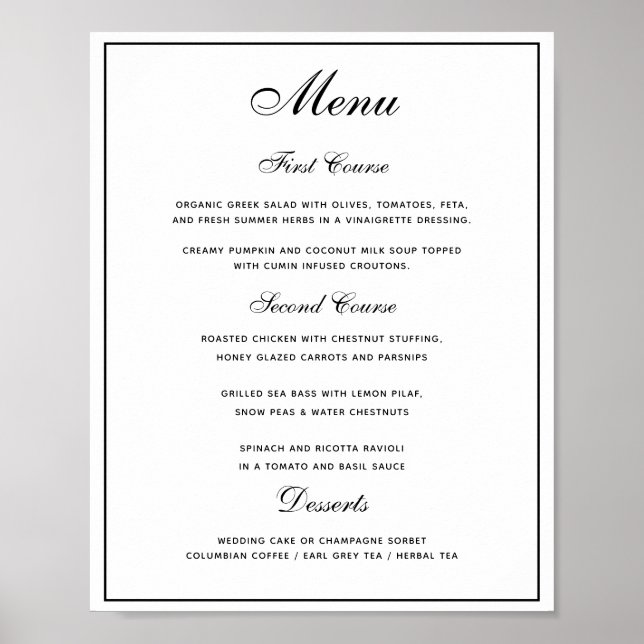 Stylish Black White 3 course Wedding Menu Poster (Vorne)