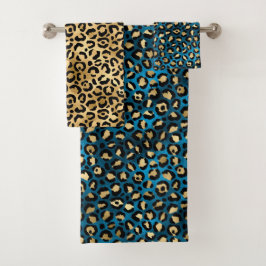 Stylish Blue and Gold Foil Leopard Spots Badhandtuch Set