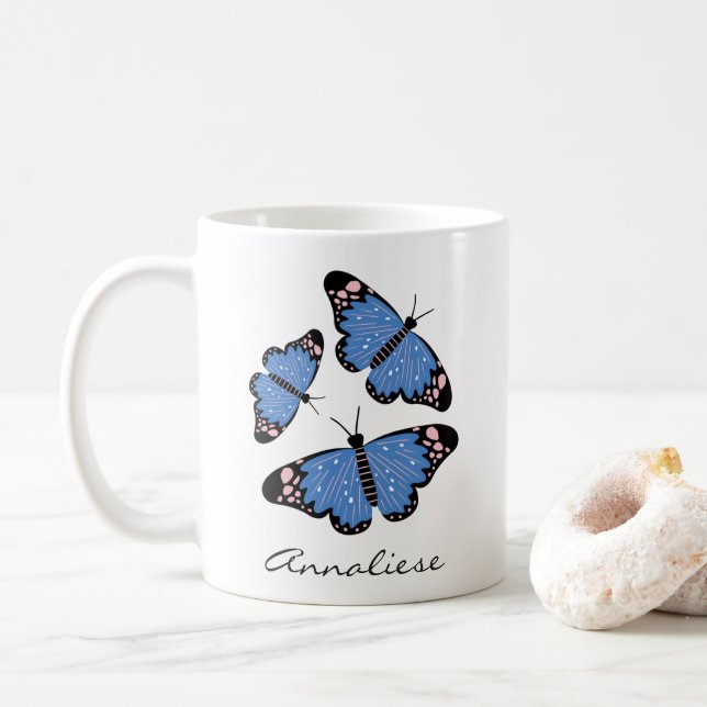 Stylish Blue Butterfly Illustration Individuelle N Kaffeetasse (Mit Donut)