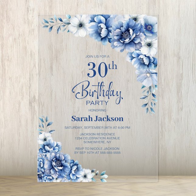 Stylish Blue Floral 30. Geburtstag Party Acryleinladungen (Von Creator hochgeladen)