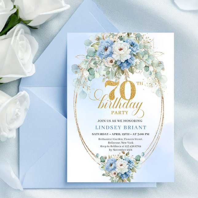 Stylish Blue Floral Eucalyptus 70th Birthday Invit Einladung (Stylish Blue Floral Eucalyptus 70th Birthday Invites

)