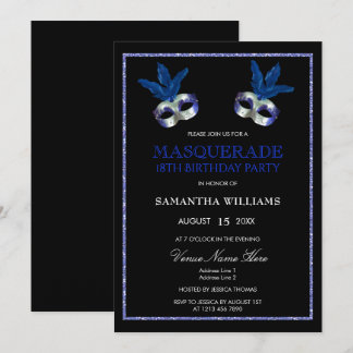 Stylish Blue Glitzer Masquerade 18. Geburtstag Einladung