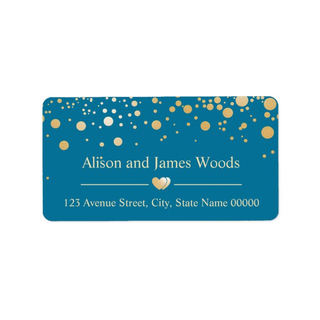 Stylish Blue Gold Confetti Dots Wedding Liebe Herz Adressaufkleber (Vorne)