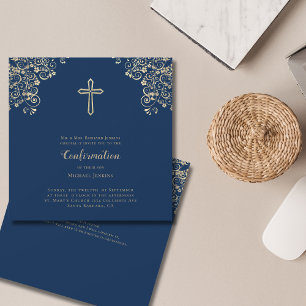 Stylish Blue Gold Cross Bible Verse Bestätigung Einladung