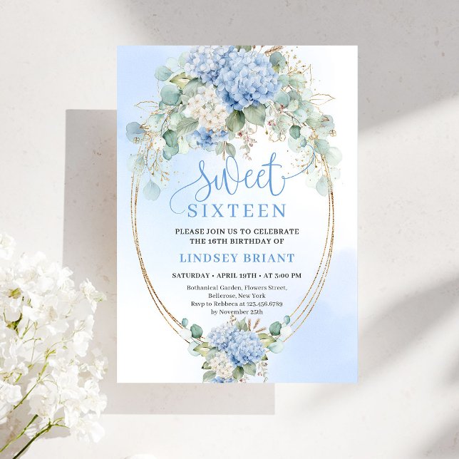 Stylish Blue Hydrangea Gold Accent Sweet Sixteen Einladung (Stylish Blue Hydrangea Gold Accent Sweet Sixteen Invitation)