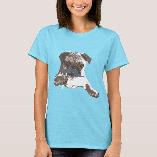 Stylish Blue Mustache Mops T - Shirt (Vorderseite)