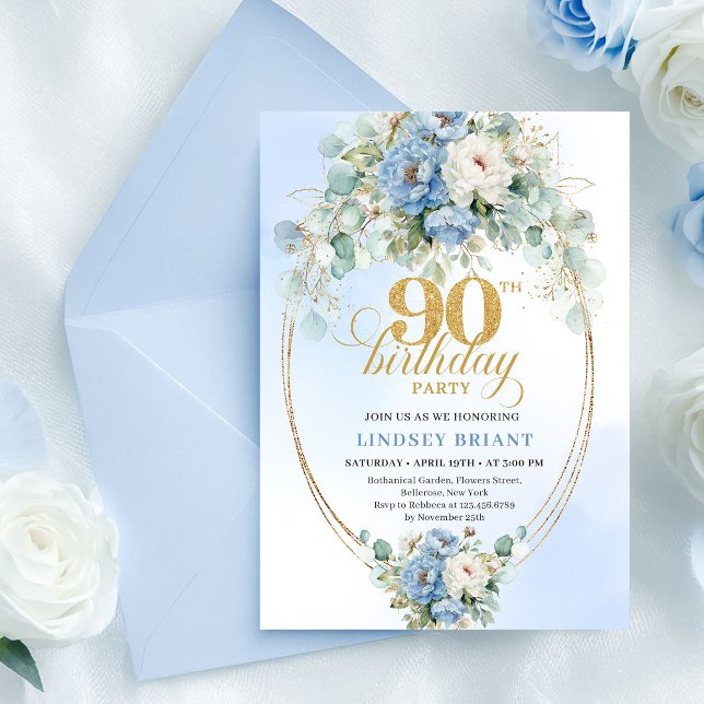 Stylish Blue Peony Gold Frame 90th Birthday Invite Einladung (Stylish Blue Peony Gold Frame 90th Birthday Invite

)