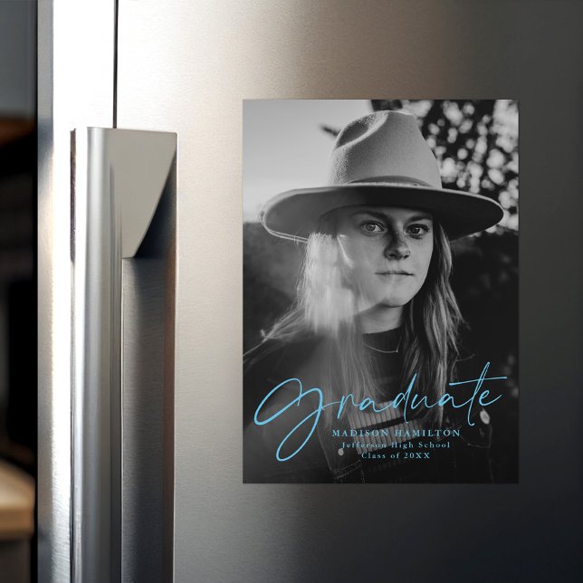 Stylish Blue Script Foto Abschluss Magneteinladung (Von Creator hochgeladen)