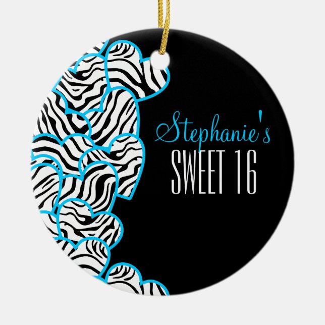 Stylish Blue Sweet 16 Zebra Herzdesign Name Keramikornament (Vorne)