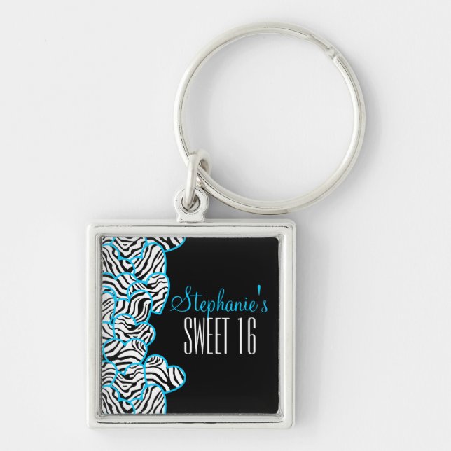 Stylish Blue Sweet 16 Zebra Herzdesign Name Schlüsselanhänger (Vorne)