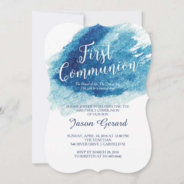 Stylish Blue Watercolor Erstkommunion Einladung (Vorderseite)