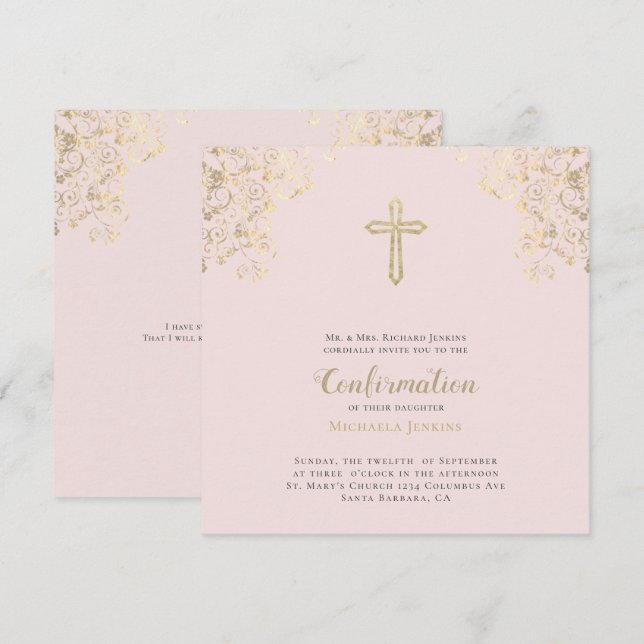 Stylish Blush Gold Cross Bible Verse Bestätigung Einladung (Vorne/Hinten)
