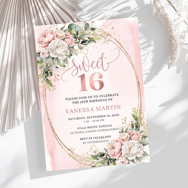 Stylish Blush Pink Floral Greenery Sweet Sixteen  Einladung (Stylish Blush Pink Floral Greenery Sweet Sixteen Invitation

)
