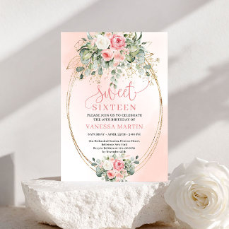 Stylish Blush Roses Gold Script 16th Birthday  Einladung