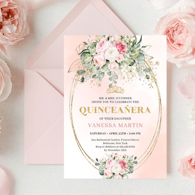 Stylish Blush Roses Greenery Quinceañera Invite Einladung (Stylish Blush Roses Greenery Quinceañera Invite

)