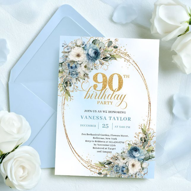 Stylish Bohemian Blue Floral Greenery 90 Birthday Einladung (Stylish Bohemian Blue Floral Greenery 90th Birthday)