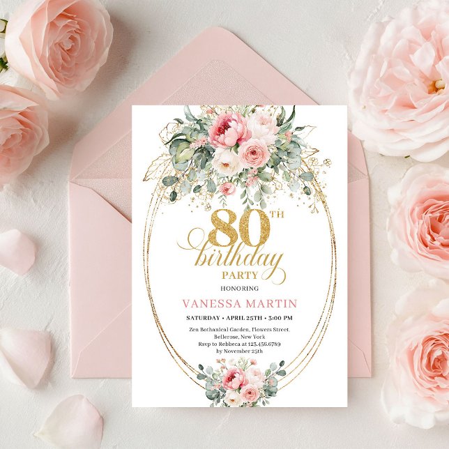 Stylish Bohemian Blush Roses 80th Birthday Invite Einladung (Stylish Bohemian Blush Roses 80th Birthday Invitation

)