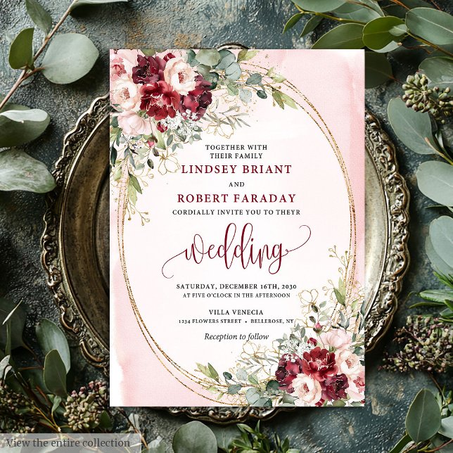 Stylish Boho Burgundy Blush Gold Floral Invitation Einladung (Stylish Boho Burgundy Blush Gold Floral Invitation)