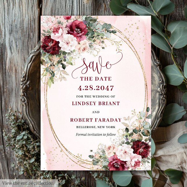 Stylish Boho Burgundy Blush Gold Floral Save date Einladung (Minimalist Boho Merlot Blush Gold Roses Save It)