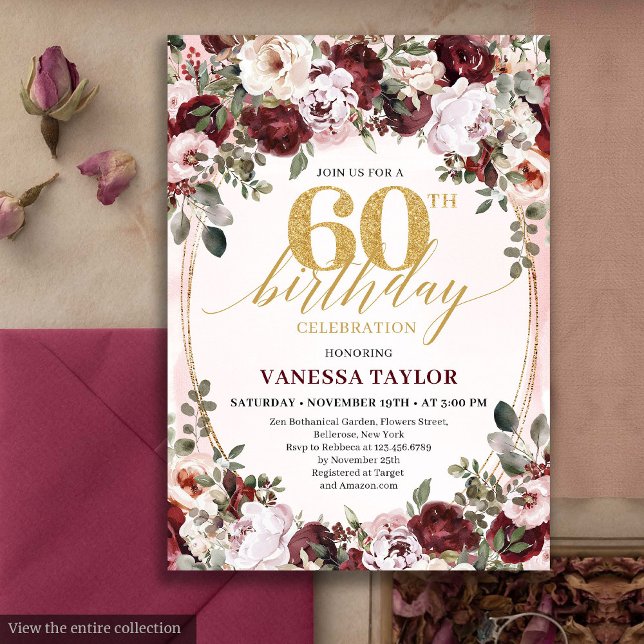 Stylish Boho Burgundy Floral 60th Birthday Invite Einladung (Stylish Boho Burgundy Floral 60th Birthday Invite)