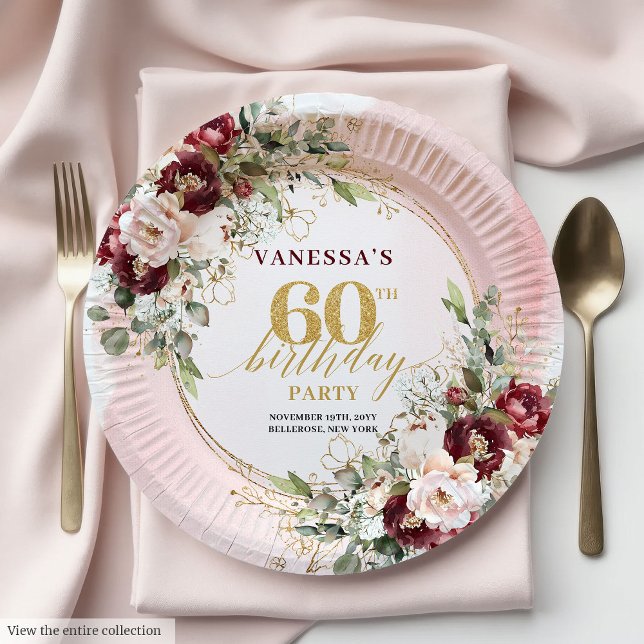 Stylish Boho Burgundy Gold Floral 60th Birthday  Pappteller (Stylish Boho Burgundy Gold Floral 60th Birthday Plates)