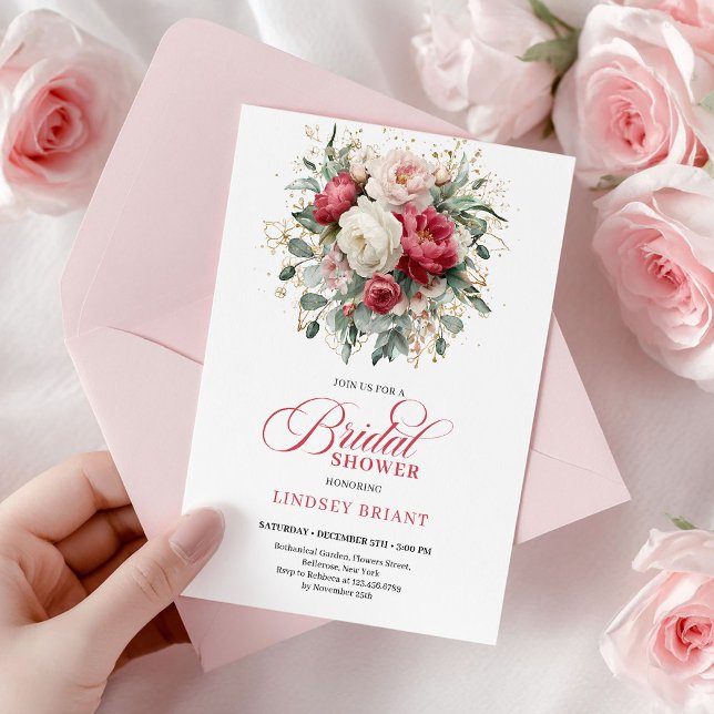Stylish Boho Red White Gold Floral Bridal Shower   Einladung (Stylish Boho Red White Gold Floral Bridal Shower Card

)