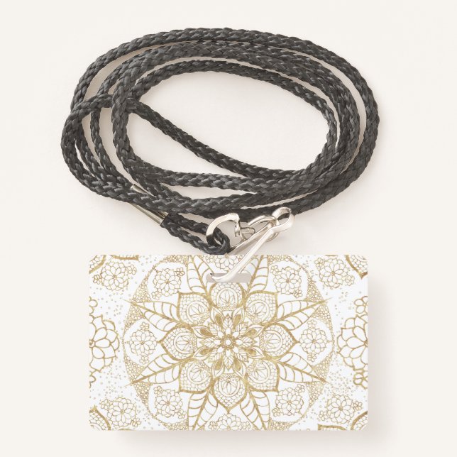 Stylish Boho White Gold Mandala Floral Ausweis (Vorderseite mit Schlüsselband)