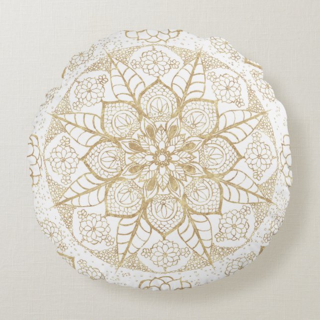 Stylish Boho White Gold Mandala Floral Rundes Kissen (Vorderseite)
