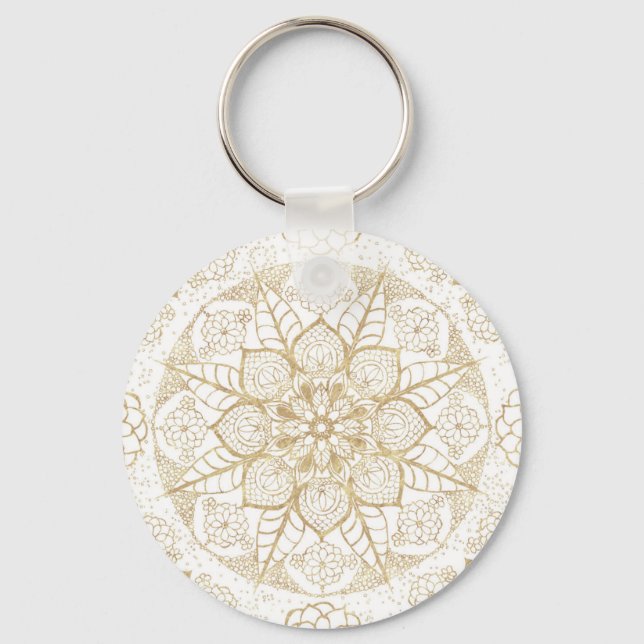 Stylish Boho White Gold Mandala Floral Schlüsselanhänger (Vorderseite)