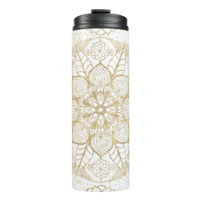 Stylish Boho White Gold Mandala Floral Thermosbecher (Vorderseite)