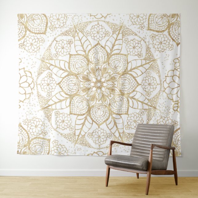 Stylish Boho White Gold Mandala Floral Wandteppich (Beispiel (Horizontal))