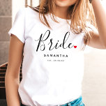 Stylish Bride Wedding T-Shirt<br><div class="desc">The perfect gift for any bride,  the fun and modern design features a stylish typography script "Bride" with cute little red love heart full stops. The design is easy to personalize with your name and established wedding date and will be the perfect keepsake from your special day.</div>