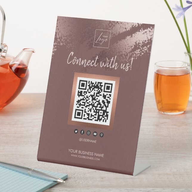 Stylish Bronze Business QR Code Social Media Sockelschild (In Situ)