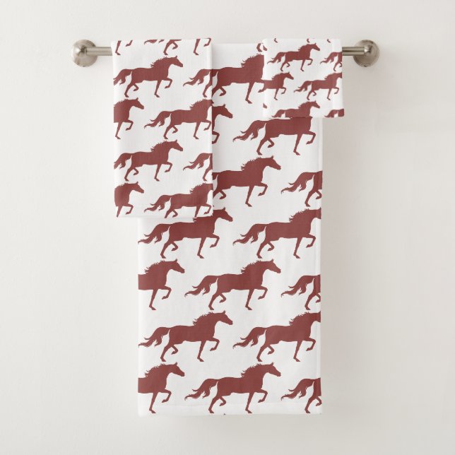 Stylish Brown Bay Horse Silhouettes on White Badhandtuch Set (Insitu)
