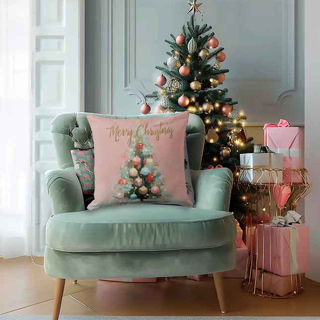 Stylish Brushed Pink Christmas Tree Throw Pillow Kissen (Beautiful Blush Pink Painted Christmas Tree Holiday Throw Pillow)