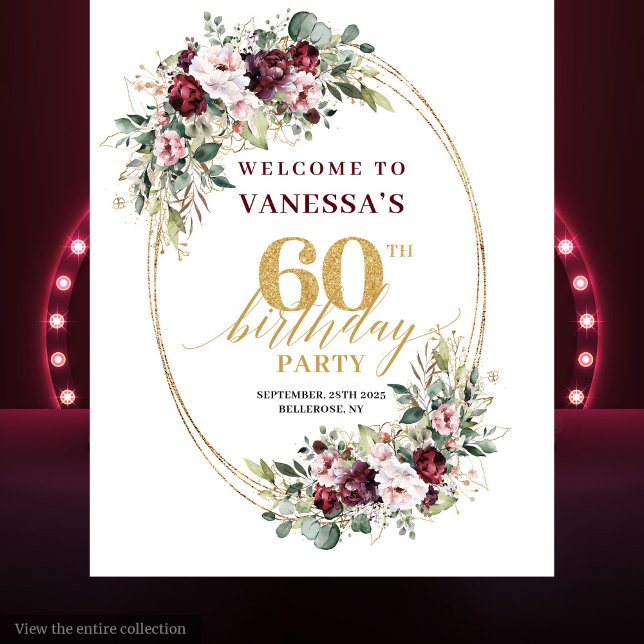 Stylish Burgundy Gold Eucalyptus 60th Birthday  Wandteppich (Stylish Burgundy Gold Eucalyptus 60th Birthday Banner)