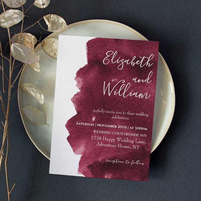 Stylish Burgundy Watercolor Brushstroke Wedding  Einladung (Von Creator hochgeladen)