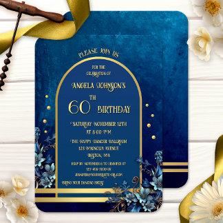 Stylish Classic Blue Gold Floral Birthday Einladung