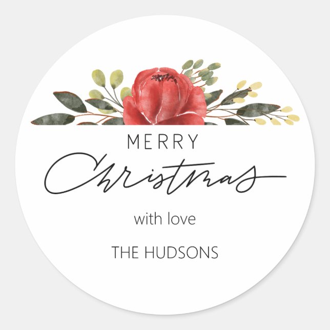 Stylish Custom Semi Floral Merry Weihnachtsgeschen Runder Aufkleber (Vorderseite)