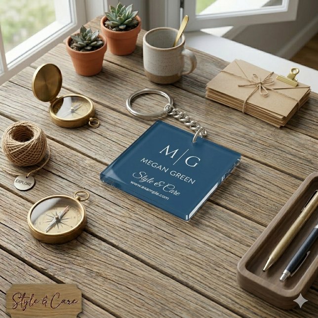 Stylish Custom Text Name and Brand Display Navy Schlüsselanhänger (Stylish Custom Text Name and Brand Display Navy Keychain)