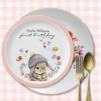 Stylish Cute Bunny Colorful Flower Party Plate Pappteller
