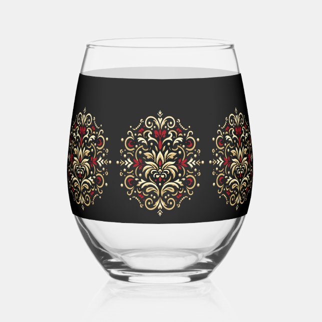 Stylish Damask Black Red Gold Pattern Weinglas Ohne Stiel (Vorderseite)