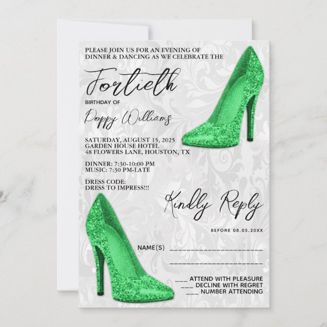 Stylish Damask, Green Stilettos 40. Geburtstag Einladung (Vorderseite)