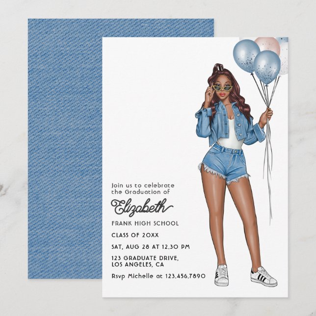 Stylish Denim Girl with Balloons Graduation Party Einladung (Vorne/Hinten)